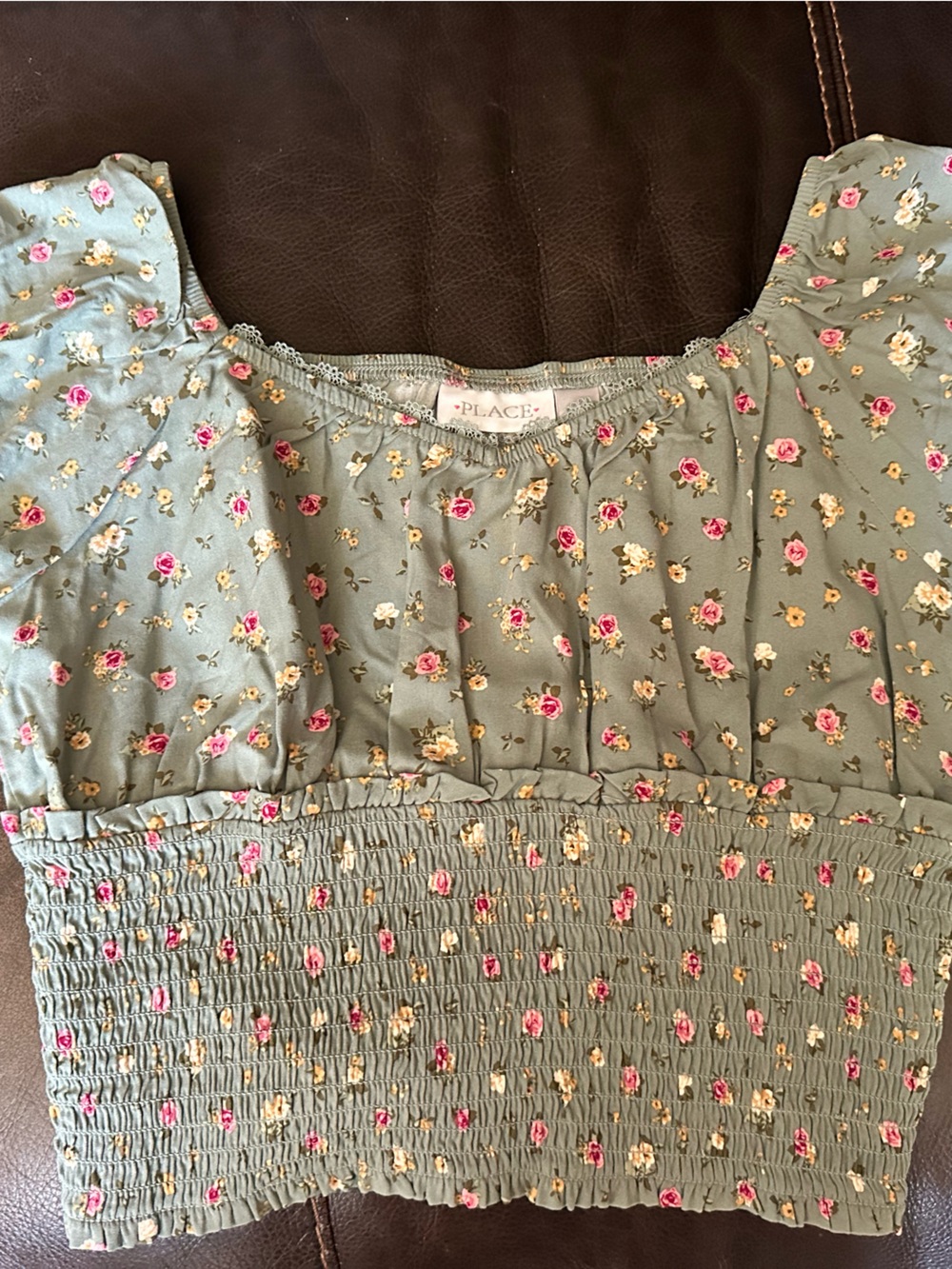 The Children's Place Olive Green Floral Smocked Dress with Pink & Cream Flowers